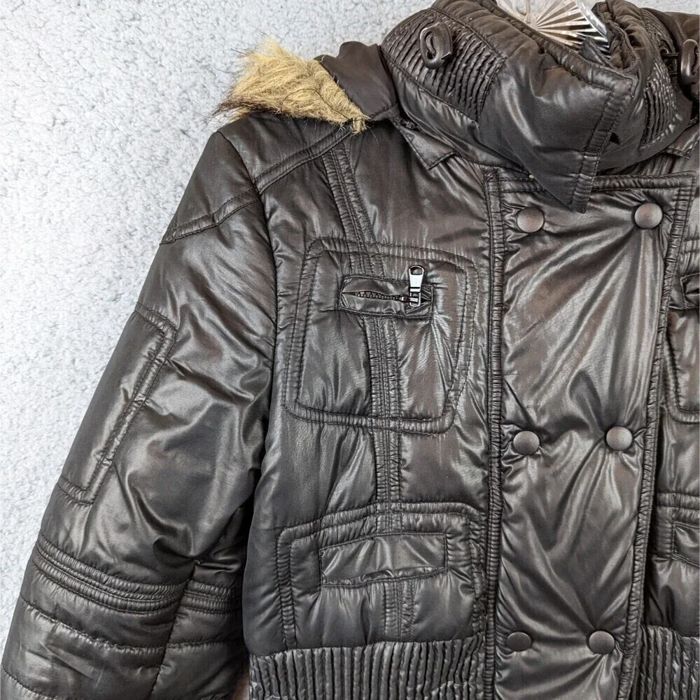 BKE Buckle Puffer Jacket Faux Fur Hood Coat Women's Size Small Black
